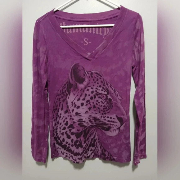 Humanity Tops - Humanity Purple Y2K Henley Shirt Tiger Print Womens Small Casual Streetwear